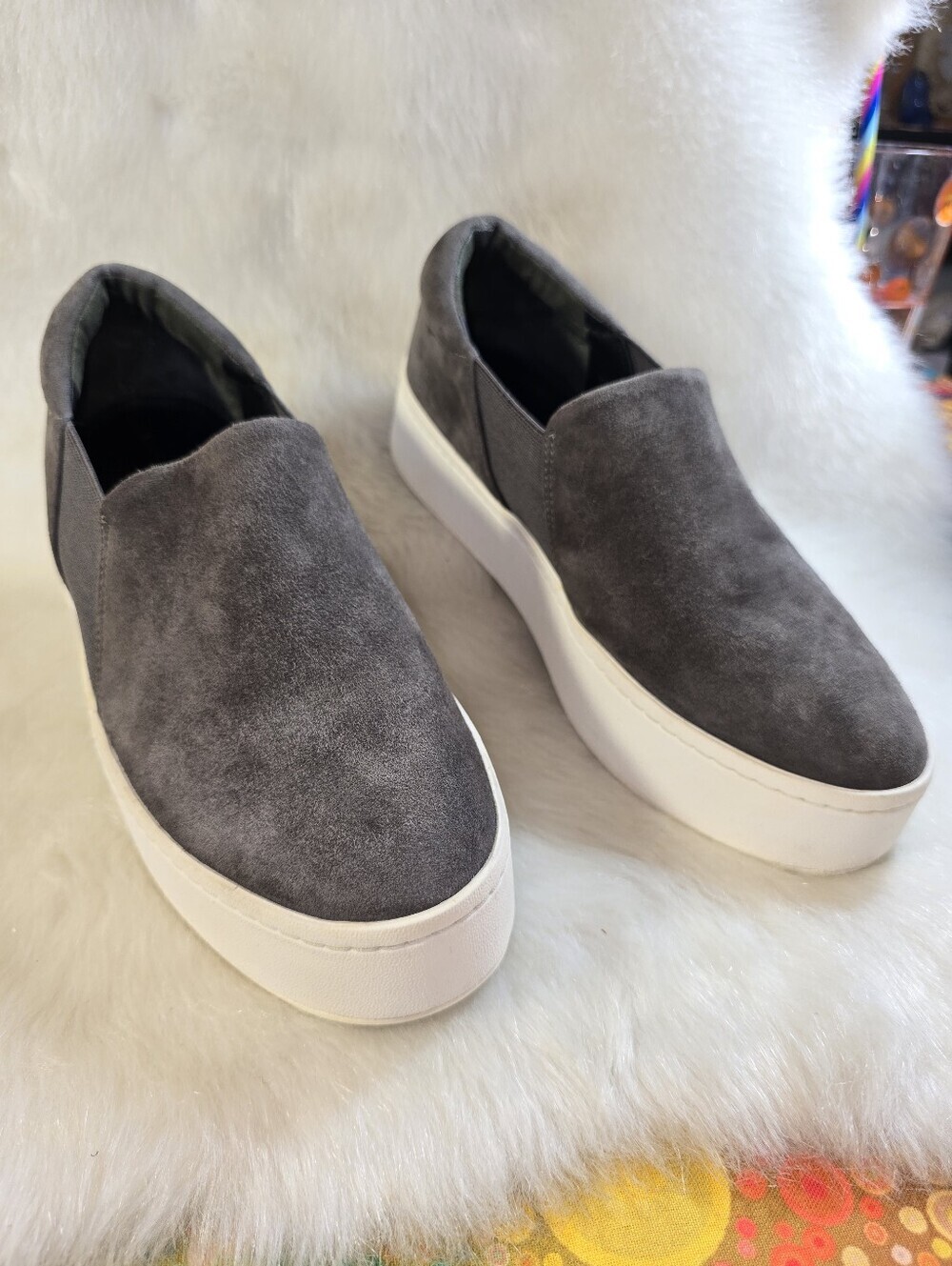 Vince Warren Womens Dark Gray Suede Slip-on Patform Sneakers
